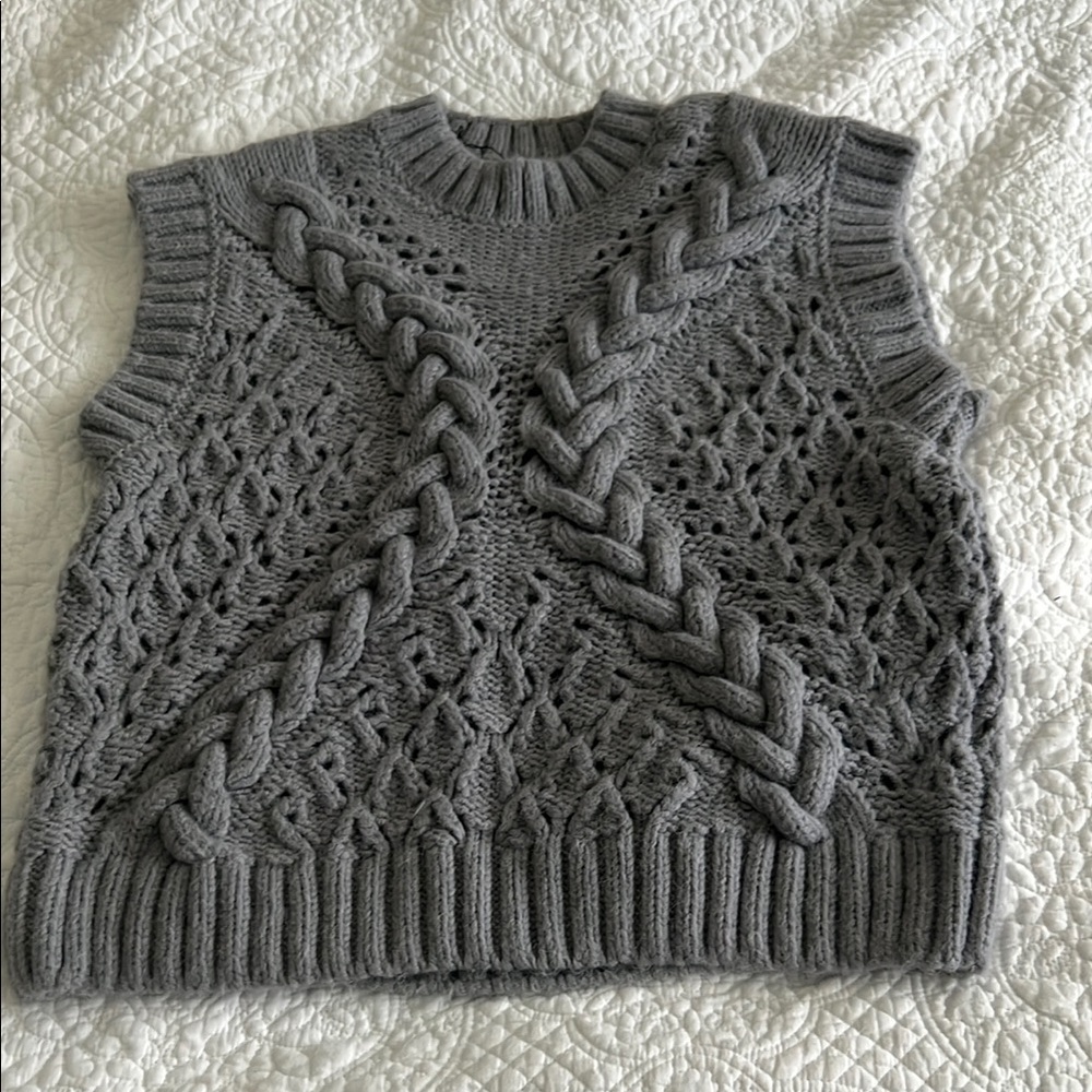 Zara Charcoal Gray Braided Cable Knit Sleeveless Crewneck Sweater Vest